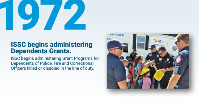 ISSC begins administering
Dependents Grants. ISSC begins administering Grant Programs for Dependents of Police, Fire and Correctional Officers killed or disabled in the line of duty.